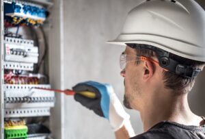 Male electrician working on electrical panel