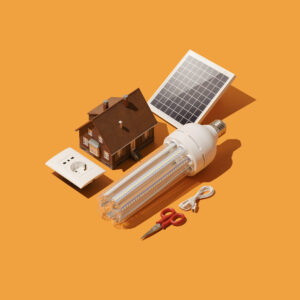 small model house with a model solar panel and other electrical system components