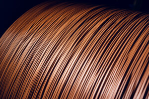 Production of copper wire, cable in reels at factory.