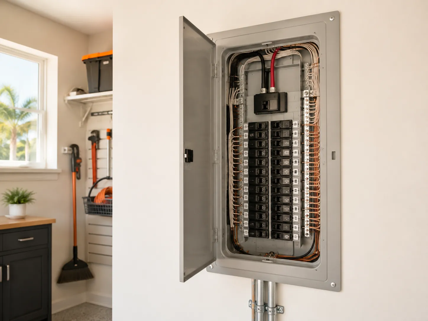 Electrician inspecting circuit breakers for signs of an overloaded panel