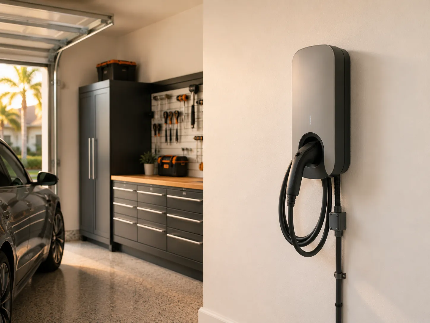 Level 2 240-volt EV charger mounted on a home garage wall
