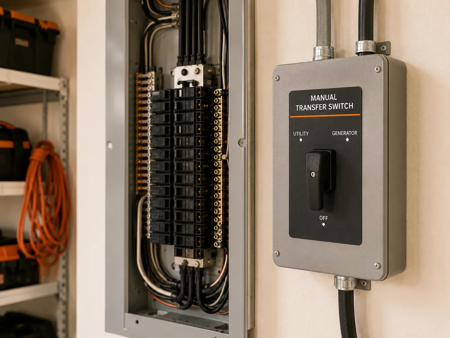 electrician installing transfer switch on home electrical panel