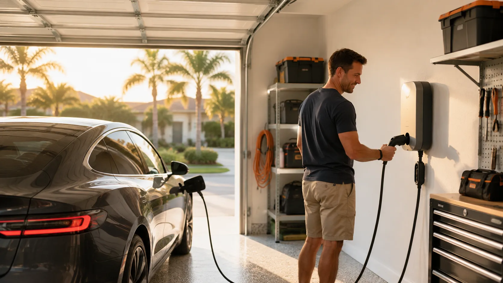 Home garage EV charger installed for overnight charging in Florida