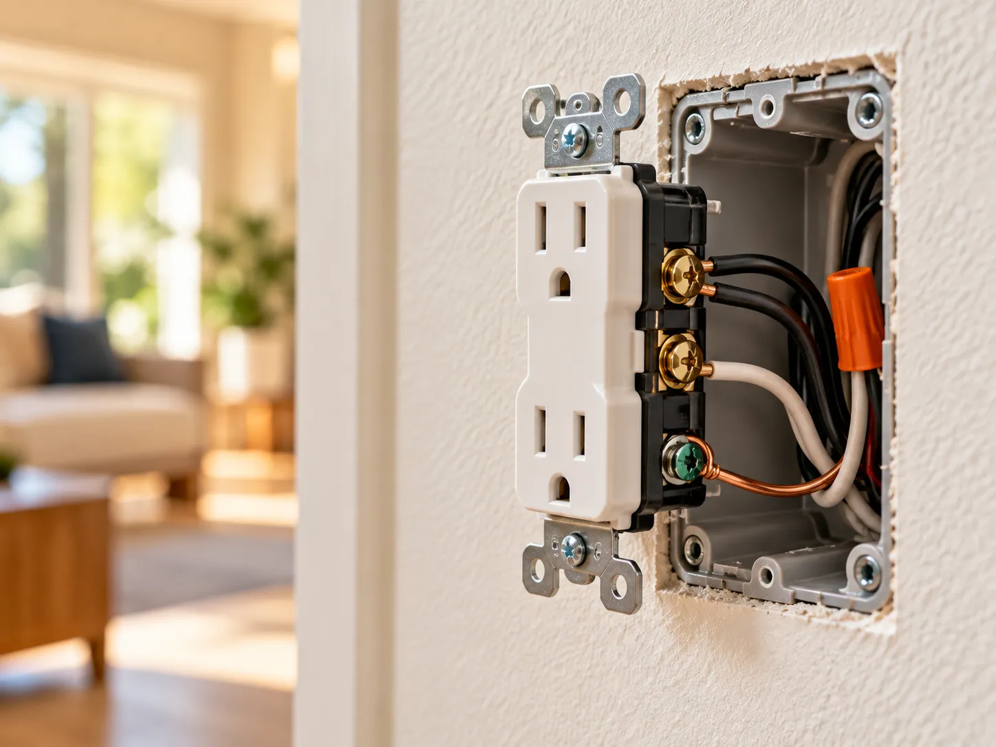 Tidy residential wiring connections inside an outlet box on a light wall.