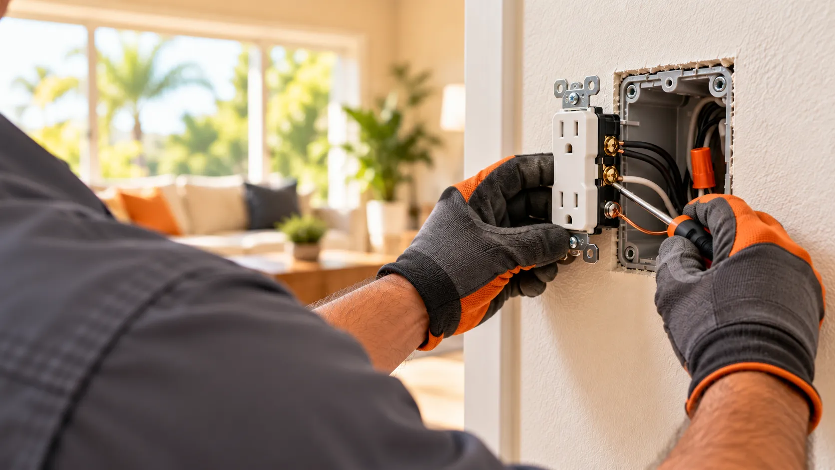 Electrician safely repairing an outlet connection in an older Florida home.