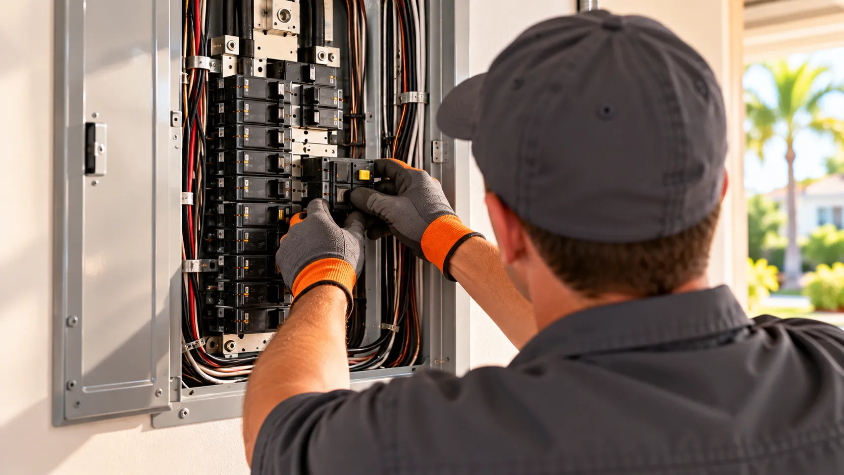 Electrician installing an AFCI breaker in a home electrical panel for fire protection.