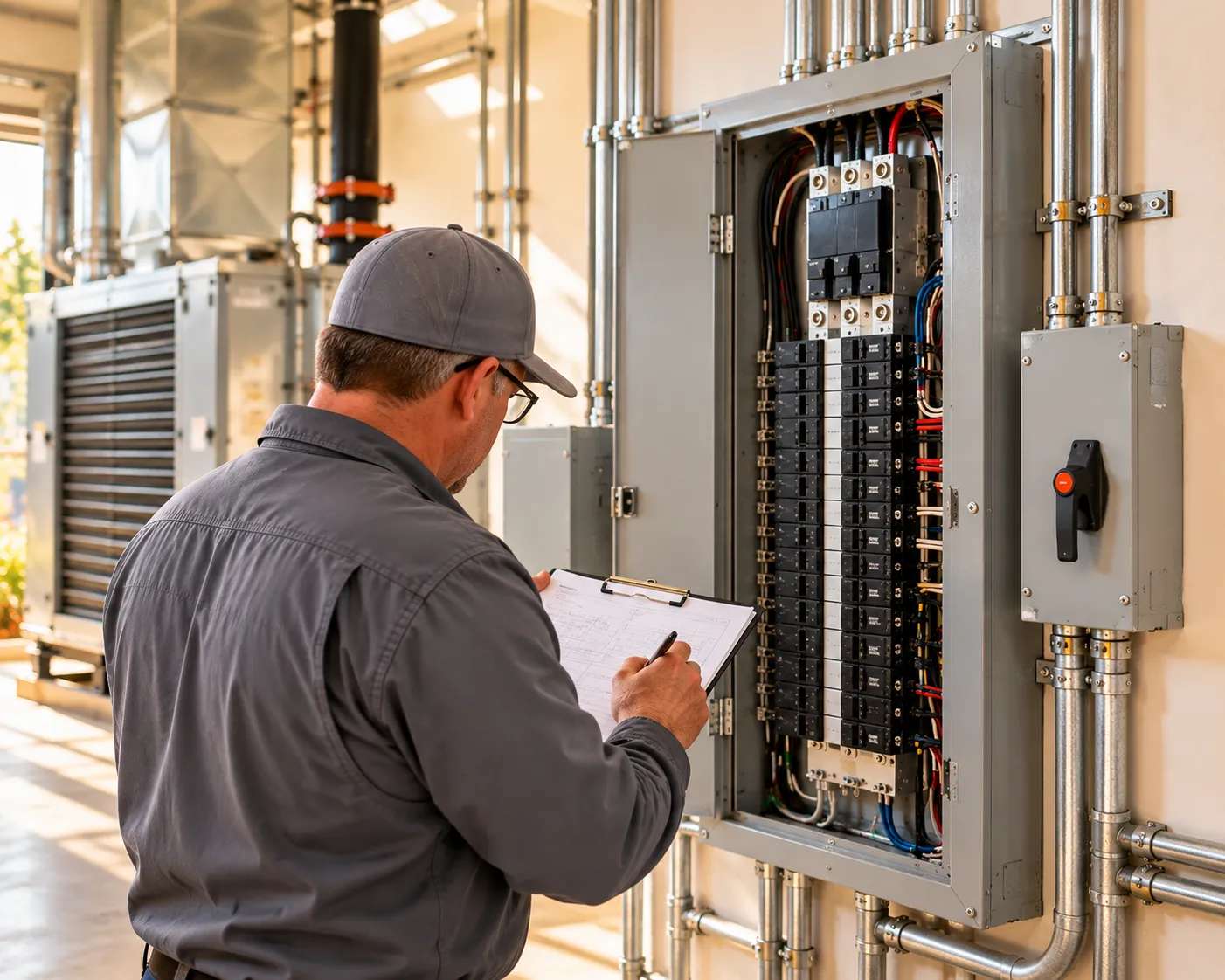 Electrician reviewing a commercial three-phase electrical panel at a Florida business.