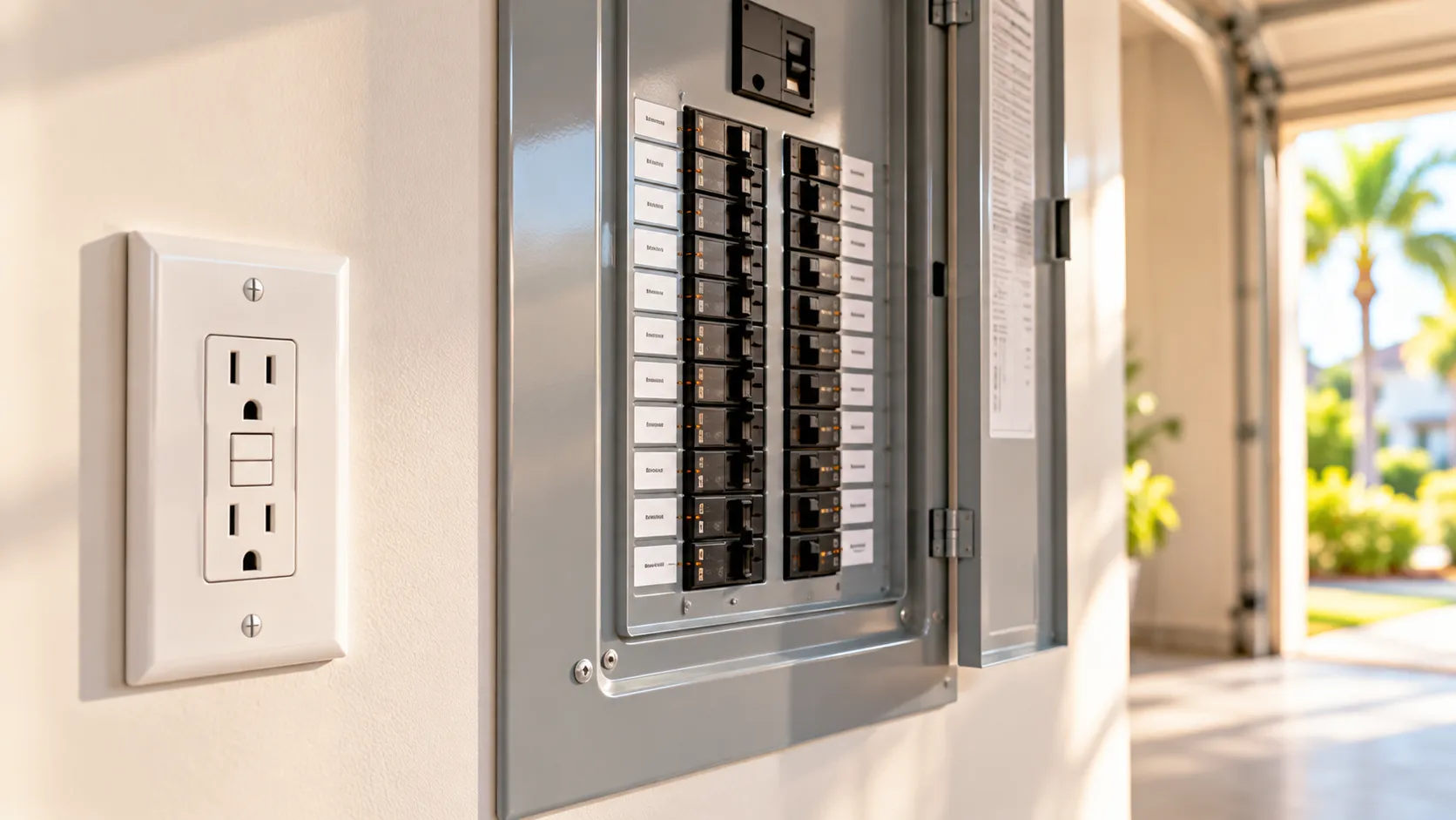 GFCI outlet with test buttons beside a labeled electrical panel with AFCI breakers.