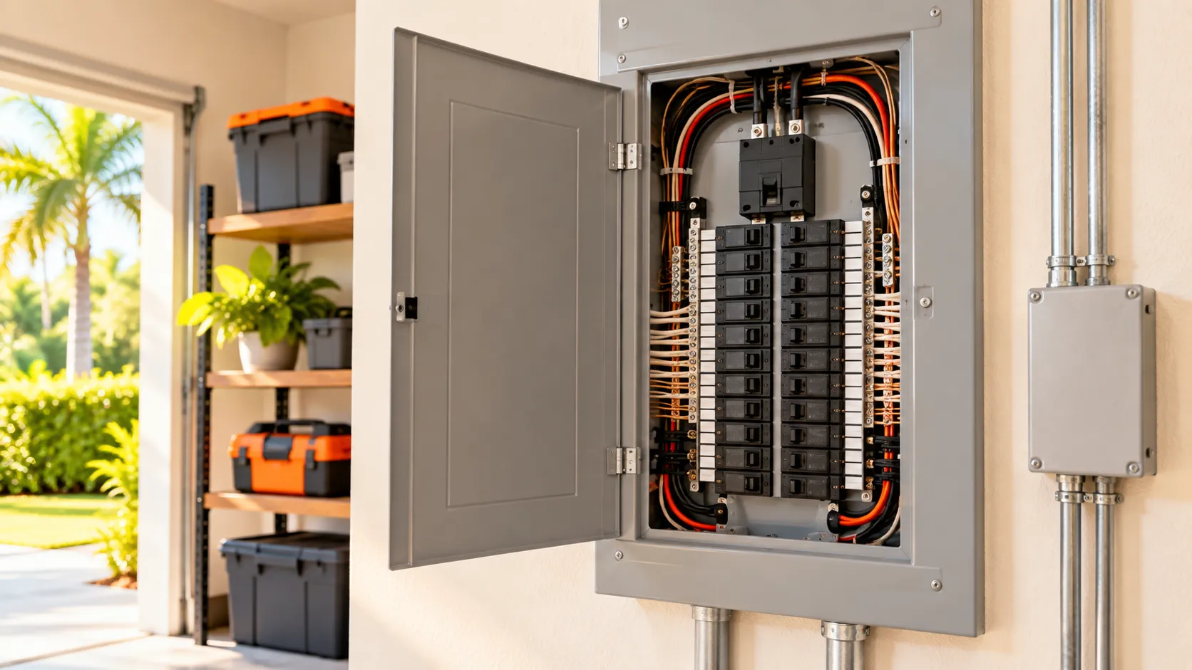 Neatly labeled modern electrical panel inspected during a 4-point inspection.