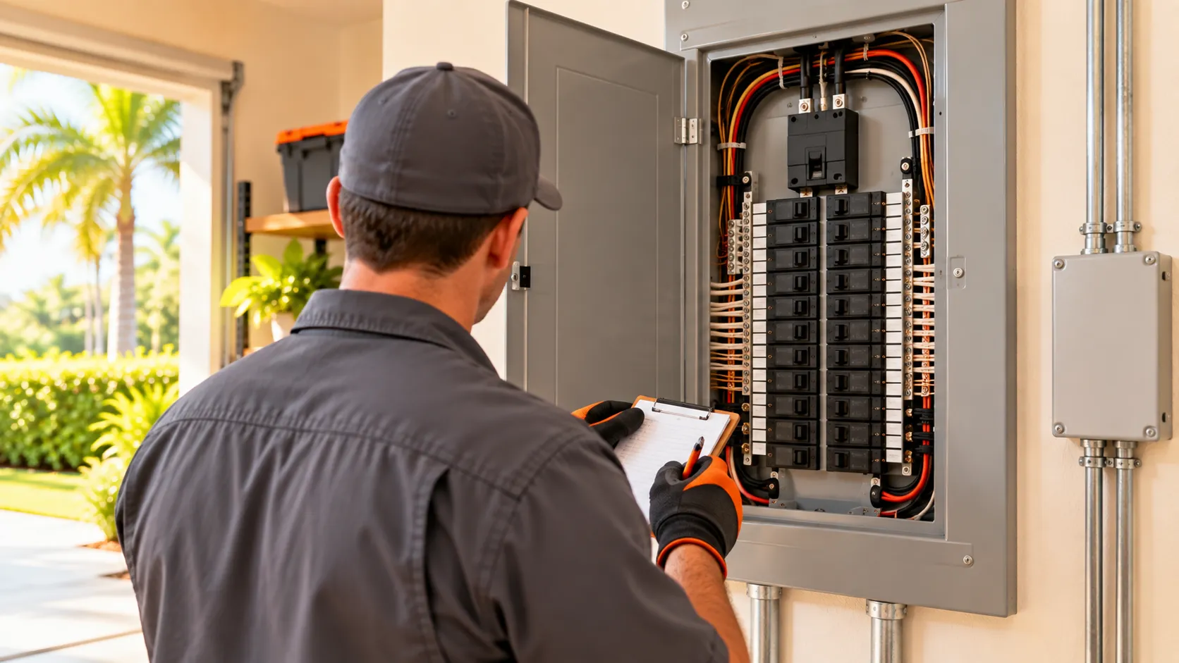 Electrician reviewing a home electrical panel to prepare for a 4-point inspection.